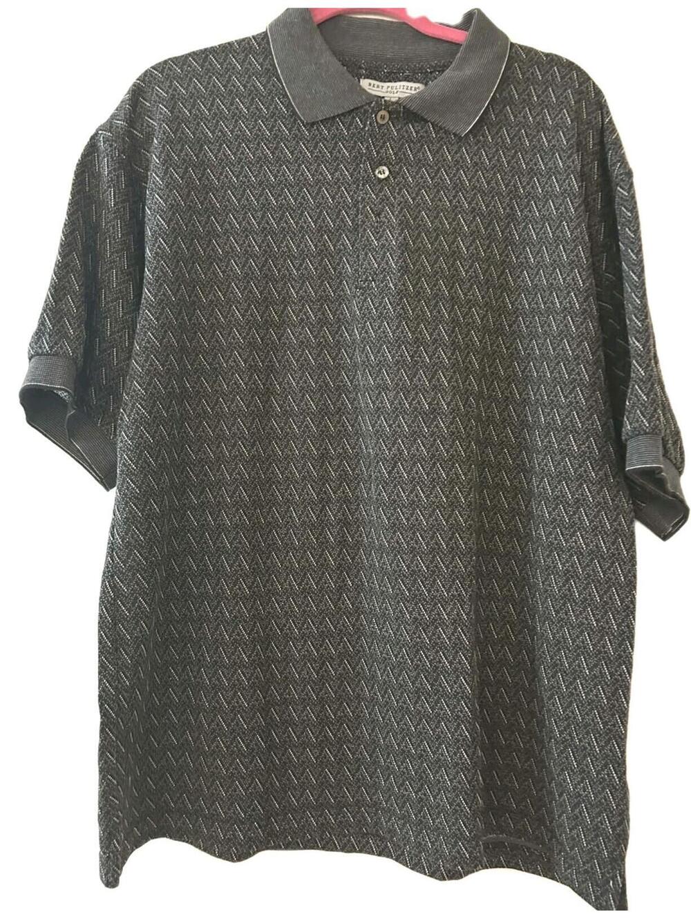 VTG Bert Pulitzer Golf Knit Polo Shirt Men's Size L Gray & Black Chevron ZigZag